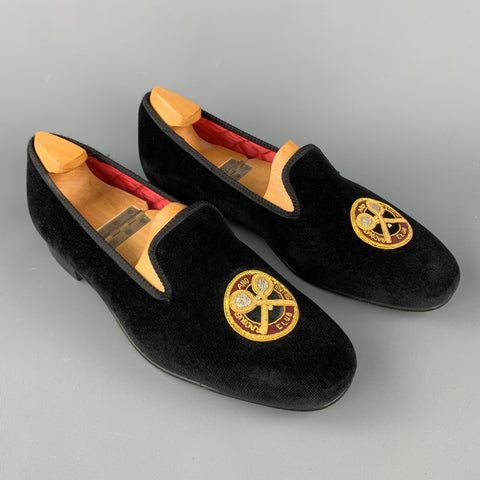 ITZ A STITCH Size 8.5 Black Embroidery Velvet Slippers Loafers