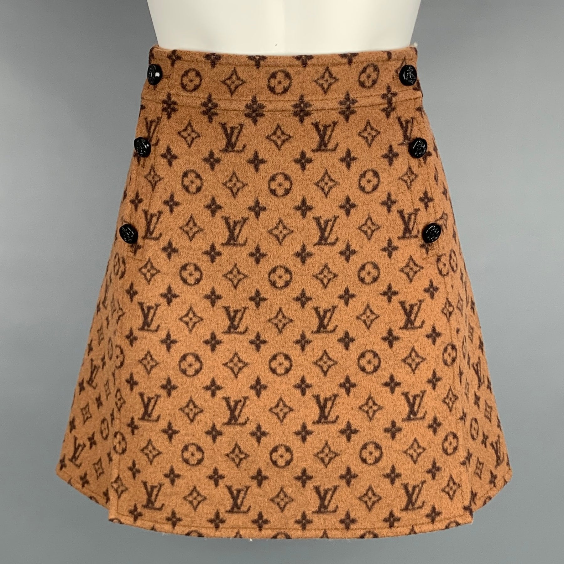 LOUIS VUITTON SS 2021 Size 4 Brown Leather Tattoo Monogram A-line Mini Skirt