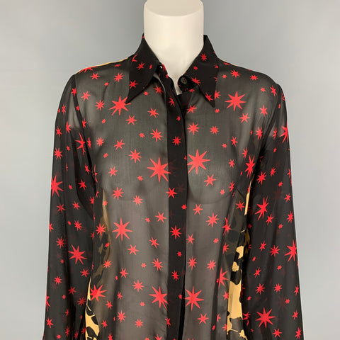 DRIES VAN NOTEN Size 8 Black Red Silk Stars Long Sleeve Blouse
