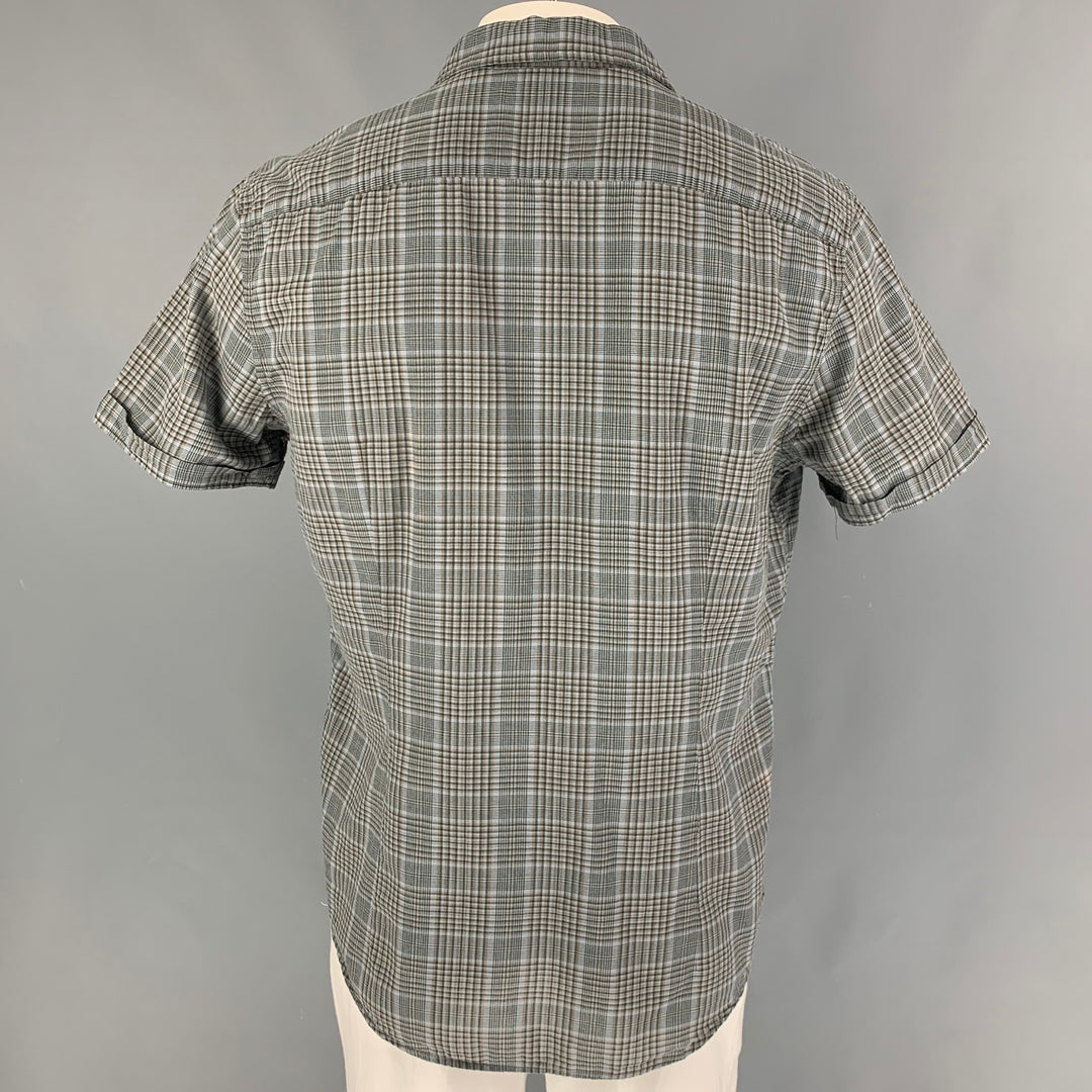 JOHN VARVATOS Size L Grey Green Plaid Cotton Short Sleeve Shirt