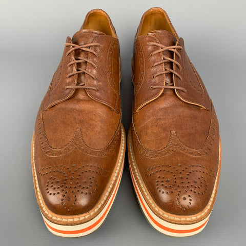 PRADA Size 11 Tan Perforated Leather Platform Lace Up Shoes