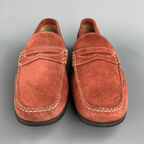 BATTISTONI Size 7.5 Brick Contrast Stitch Suede Slip On Penny Loafers