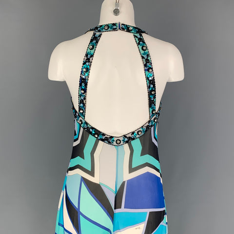 Vintage EMILIO PUCCI Size 10 Turquoise White Silk Abstract Sleeveless Cocktail Dress