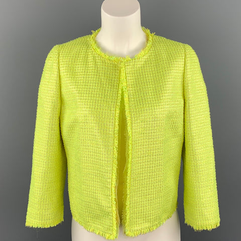 GIAMBATTISTA VALLI Size 8 Green Woven Paper Blend Cropped Open Front Jacket
