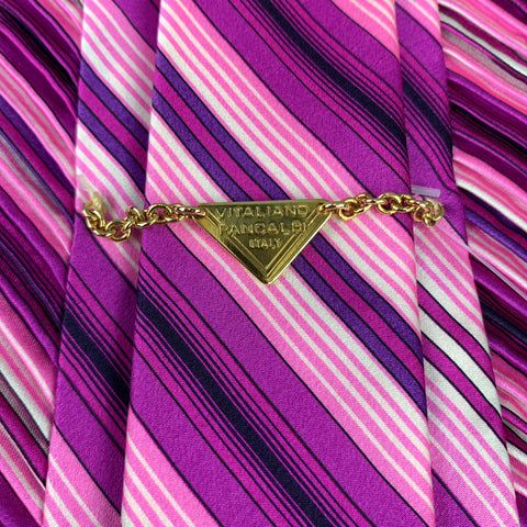 VITALINO PANCALDI Pink & Purple Diagonal Striped Pleated Silk Tie