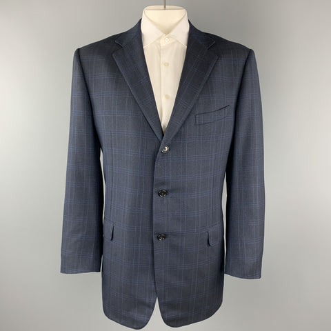 ERMENEGILDO ZEGNA Size 48 Long Navy Plaid Wool Notch Lapel Long Sport Coat