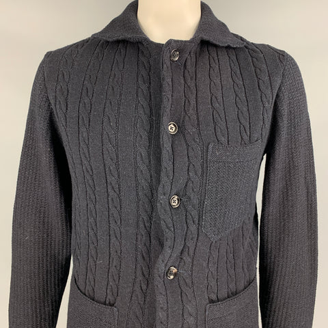 45rpm Size XL Navy Cable Knit Wool / Cotton Patch Pockets Jacket