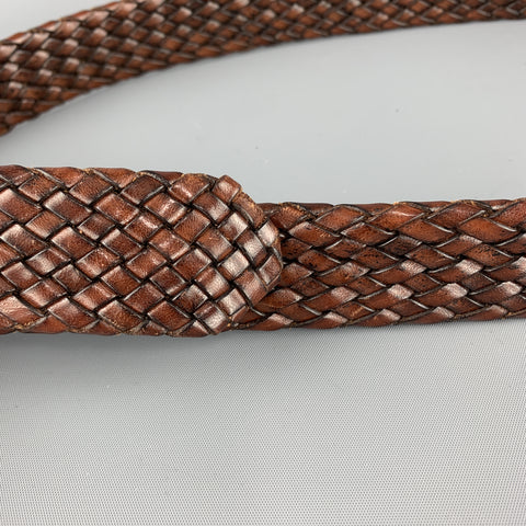 J & C Size 34 Woven Brown Leather Brass Buckle Belt