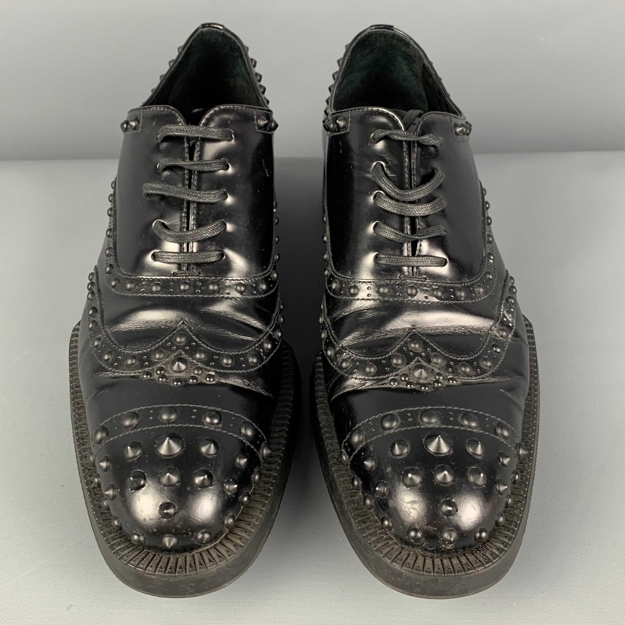 PRADA Size 9 Black Leather Studded Cap Toe Shoes – Sui Generis