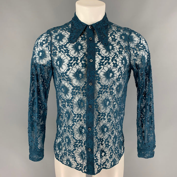 GUCCI S/S 16 Size XS Teal Sheer Lace Polyamide Blend Long Sleeve Shirt