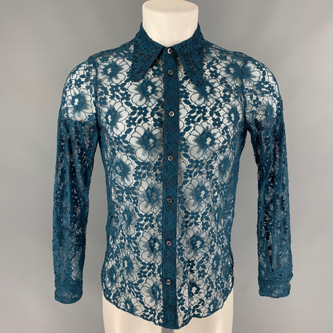 GUCCI S/S 16 Talla XS Camisa de manga larga en mezcla de poliamida con encaje transparente verde azulado