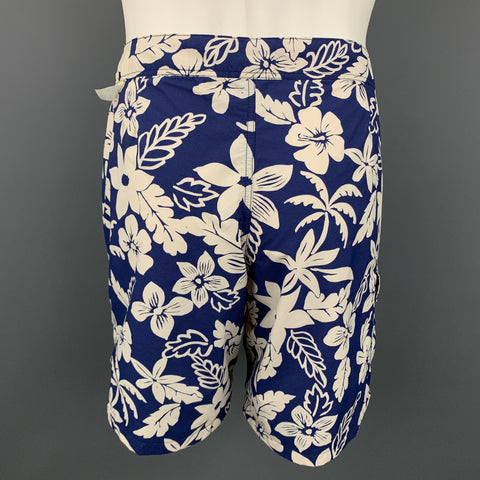 J CREW Size 34 Navy & White Floral Polyamide Drawstring Swim Trunks