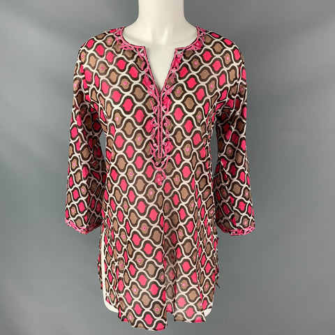 SULU Size 6 Fuchsia Brown & White Geometric Embroidered 3/4 Sleeves Tunic