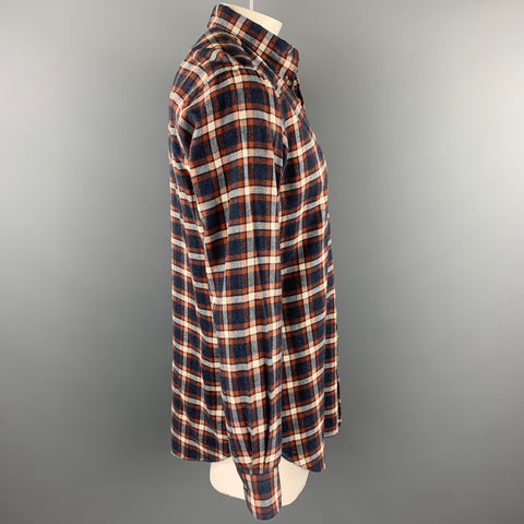 HAMILTON Size L Navy & Brick Plaid Brushed Cotton Button Down Long Sleeve Shirt