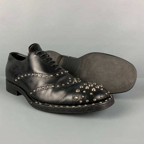 PRADA Size 10 Black Silver Studded Leather Lace Up Shoes