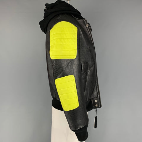 DIESEL Size L Black Yellow Color Block Leather Zip Up Brando Jacket