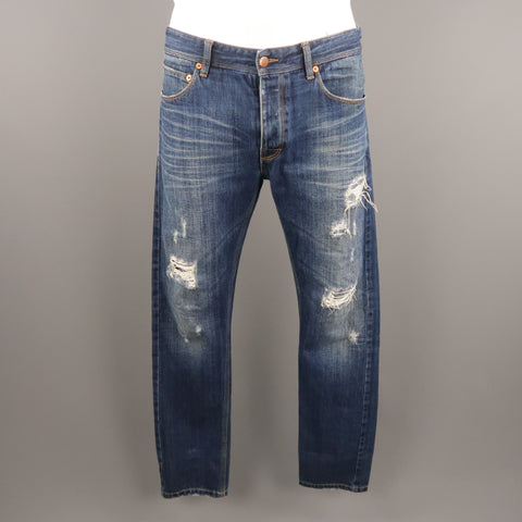 RAF by RAF SIMONS Size 34 Indigo Distressed Denim Button Fly Jeans