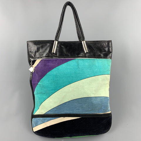 EMILIO PUCCI  Blue Color Block Velvet Patent Leather Tote Handbag