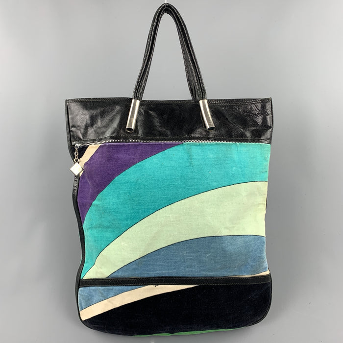 EMILIO PUCCI  Blue Color Block Velvet Patent Leather Tote Handbag