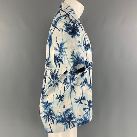 SAINT LAURENT Size M Blue White Palms Cotton Camp Short Sleeve Shirt