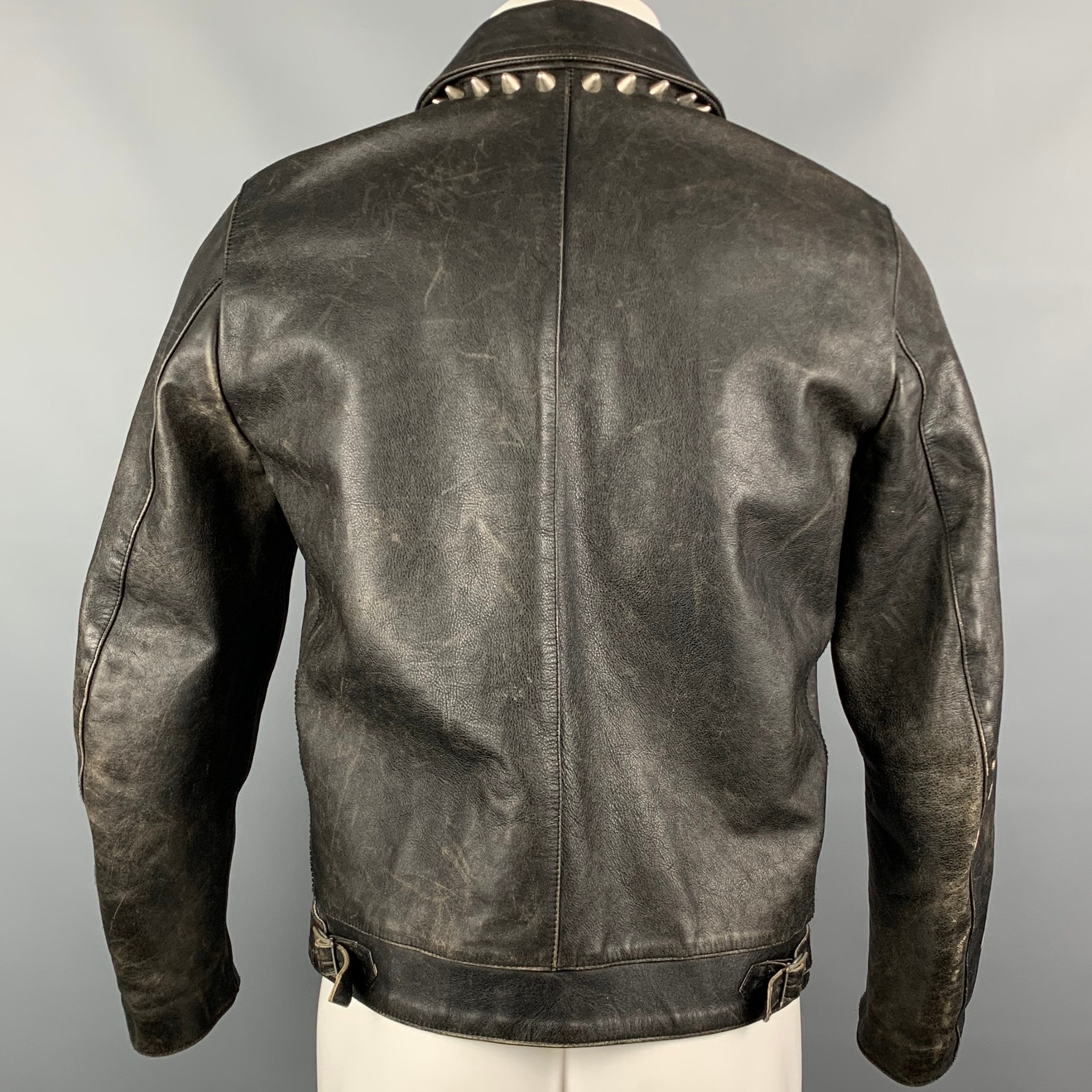 R13 Size M Black Distressed Studded Leather Zip Up Shut The
