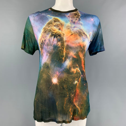 CHRISTOPHER KANE Size L Blue Multi-Color Galaxy Print Modal Crew-Neck T-shirt
