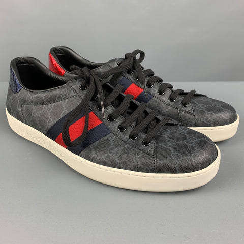 GUCCI Size 11 Black Grey Monogram Leather Lace Up Sneakers