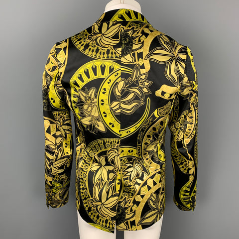 VERSACE JEANS Size 40 Black & Gold Print Polyester Notch Lapel Sport Coat