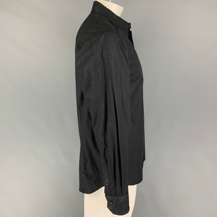 PRONTO UOMO Size L Black Textured Cotton Button Up Long Sleeve Shirt