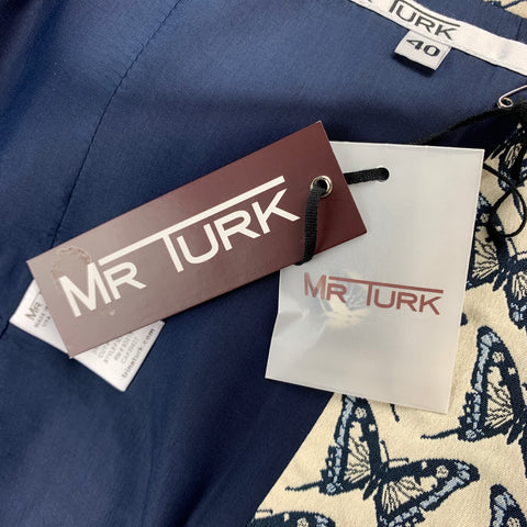 MR TURK Size 40 Beige & Navy Butterfly Print Cotton Blend Notch Lapel Suit