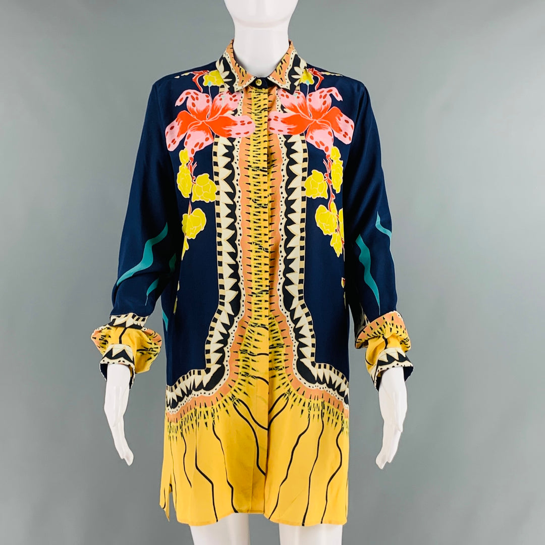 ETRO Size 8 Navy Multi-Color Silk Floral Long Dress Top