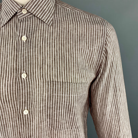 CANALI Size M Brown Stripe Linen Spread Collar Pocket Long Sleeve Shirt