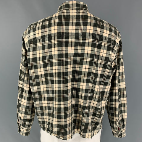 JOHN ELLIOTT Size L Black Beige Plaid Cotton Cropped Long Sleeve Shirt