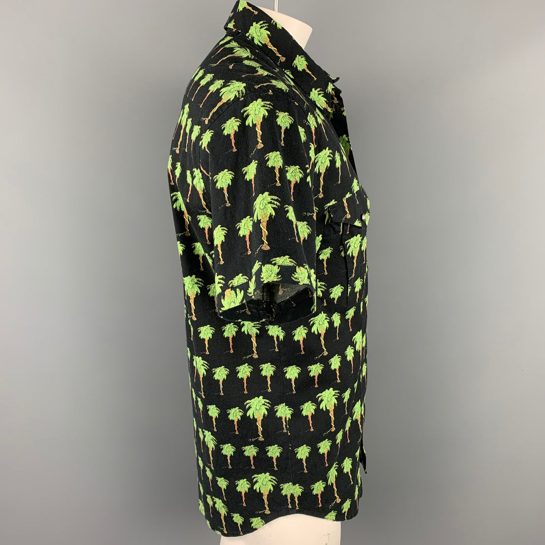 VERSACE JEANS COUTURE Size XXL Black & Green Palm Tree Print Cotton Blend Short Sleeve Shirt