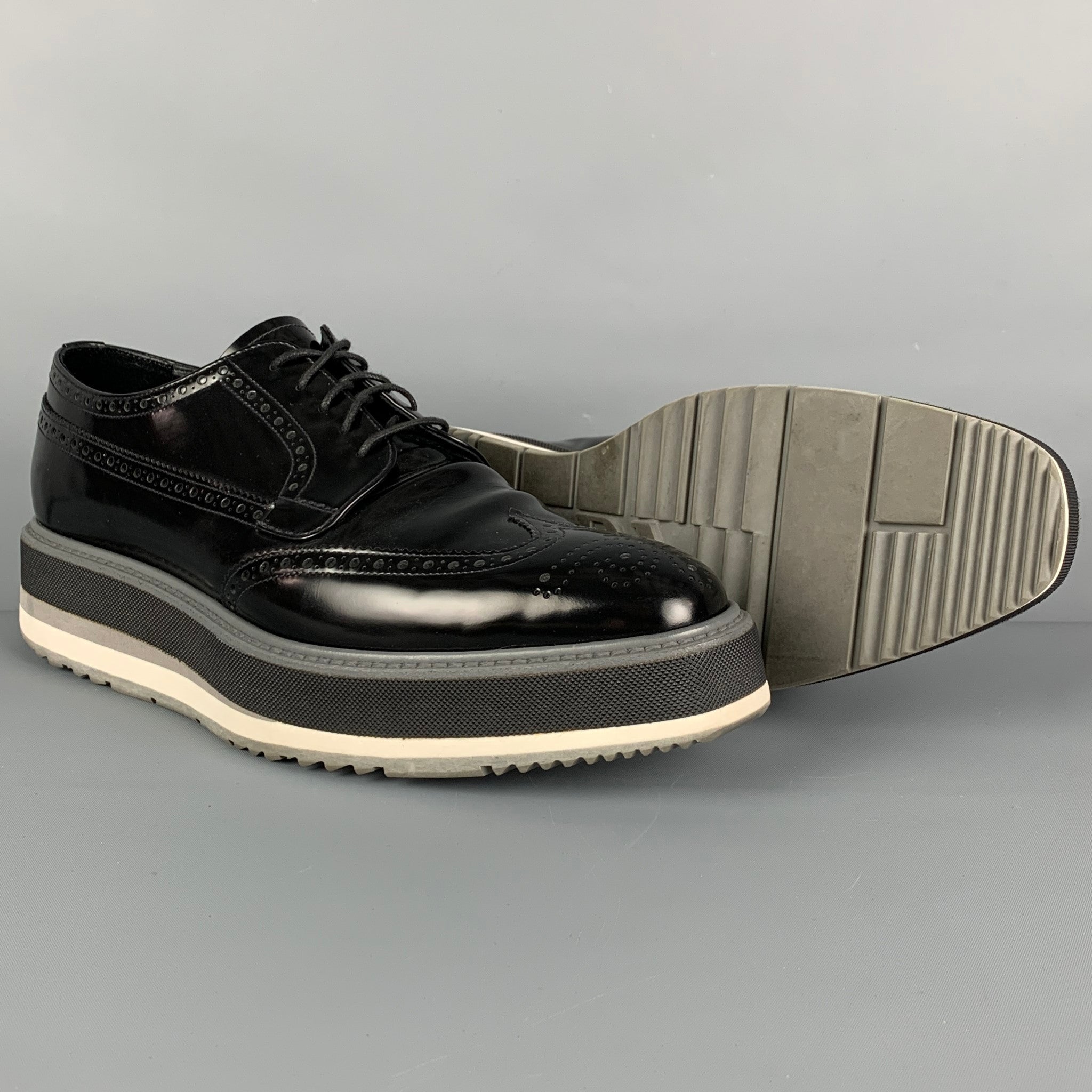 PRADA Size 9 Black Perforated Leather Wingtip Platform Lace Up