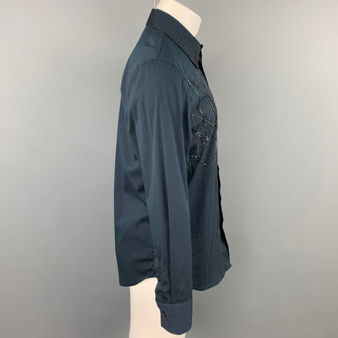 GIANNI VERSACE Size XS Navy Beaded Cotton Blend Button Up Long Sleeve Shirt