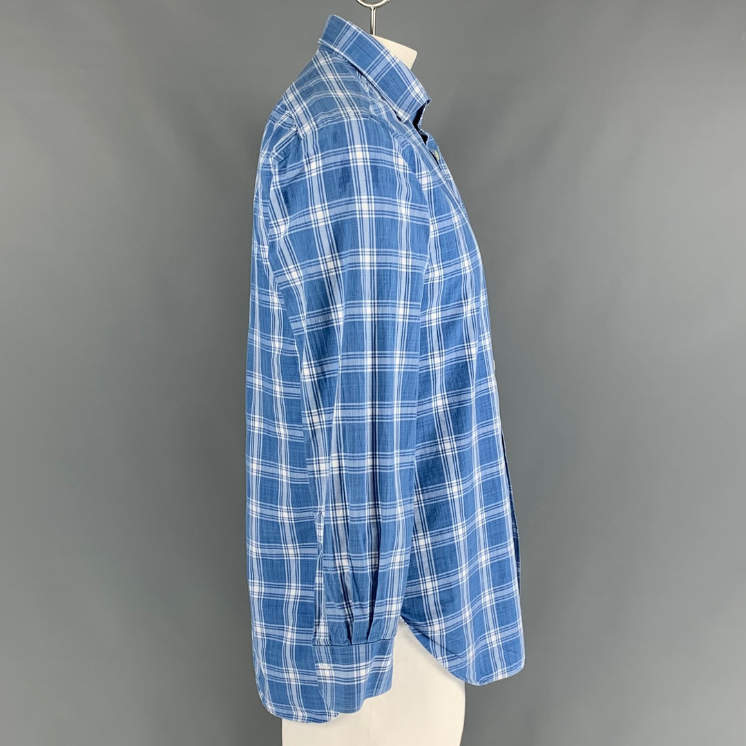 KITON Camisa de manga larga con botones de algodón a cuadros azul y blanco talla L