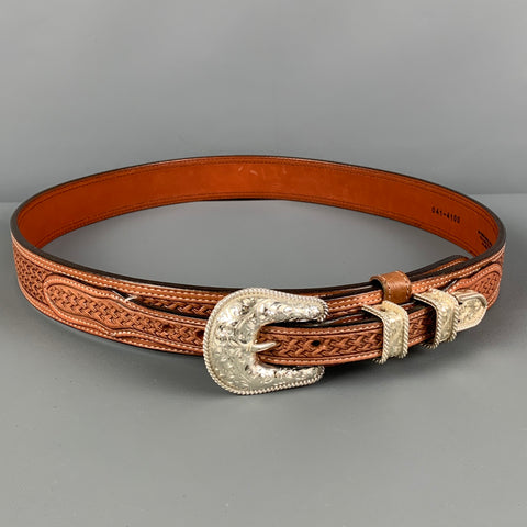 ORVIS Size 36 Brown Textured Leather Sterling Silver Belt