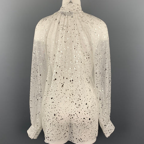 MSGM Size 8 White & Silver Metallic Splatter Silk Bow Collar Blouse