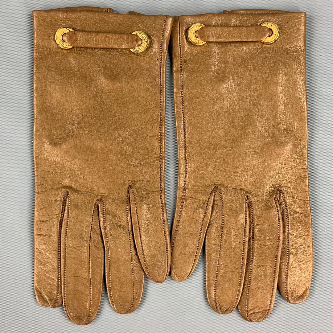 LOEWE Size 7 Tan Leather Gold Button Gloves