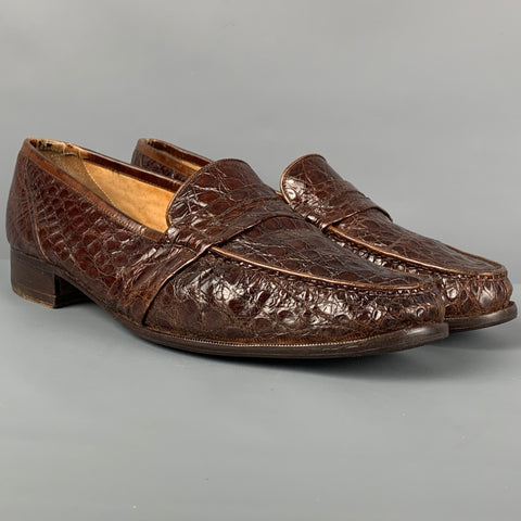 Vintage SANDRO MOSCOLONI Size 11 Brown Textured Crocodile Penny Loafers