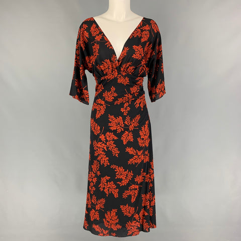 DOLCE & GABBANA Size 4 Black Orange Leaf Print Silk Lycra Short Sleeve Long Dress