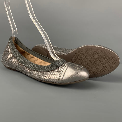 TORY BURCH Size 7 Silver Leather Textured Ballet Flats