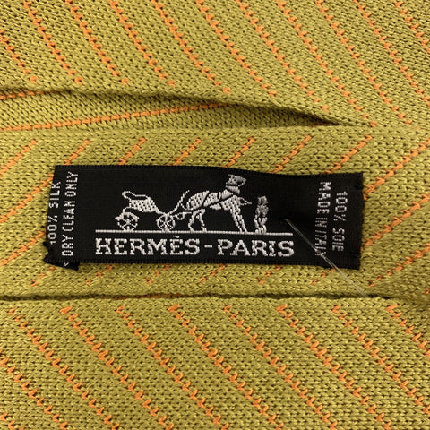 HERMES Muted Mustard & Orange Diagonal Striped Woven Silk Tie