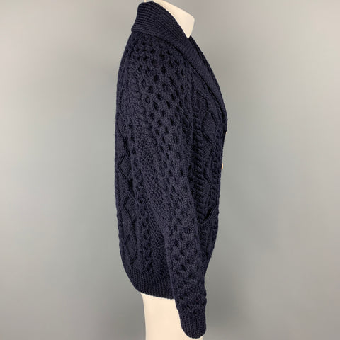 INVERALLAN Size L Navy Knit Wool Fisherman Cardigan