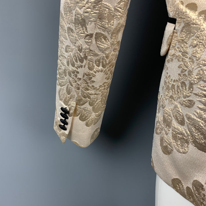 MR TURK Size 36 Beige & Gold Brocade Cotton Blend Shawl Collar Sport Coat