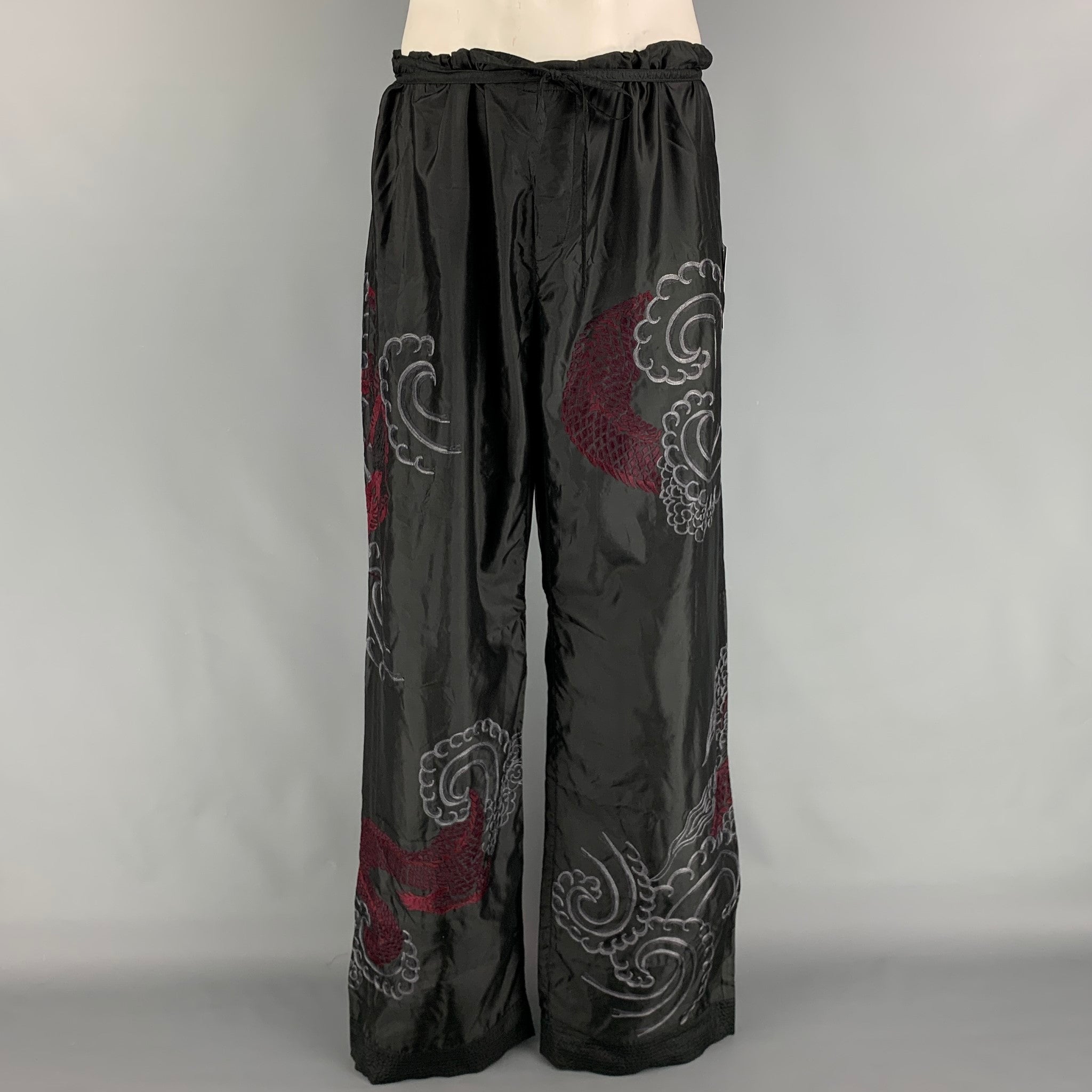 GUCCI by TOM FORD 2001 XL Black Dragon Embroidered Silk Wide