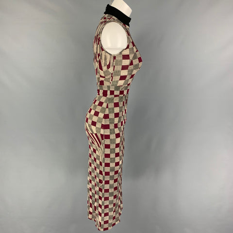 PRADA Size 2 Burgundy Brown Viscose Checkered Sleeveless Mid-Calf Dress