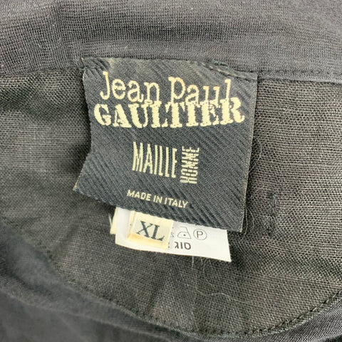 Vintage JEAN PAUL GAULTIER Size XL Black Applique Cotton Nehru Collar T-shirt