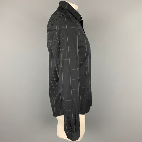 IKKS Size L Black Grid Cotton Button Up Slim Long Sleeve Shirt